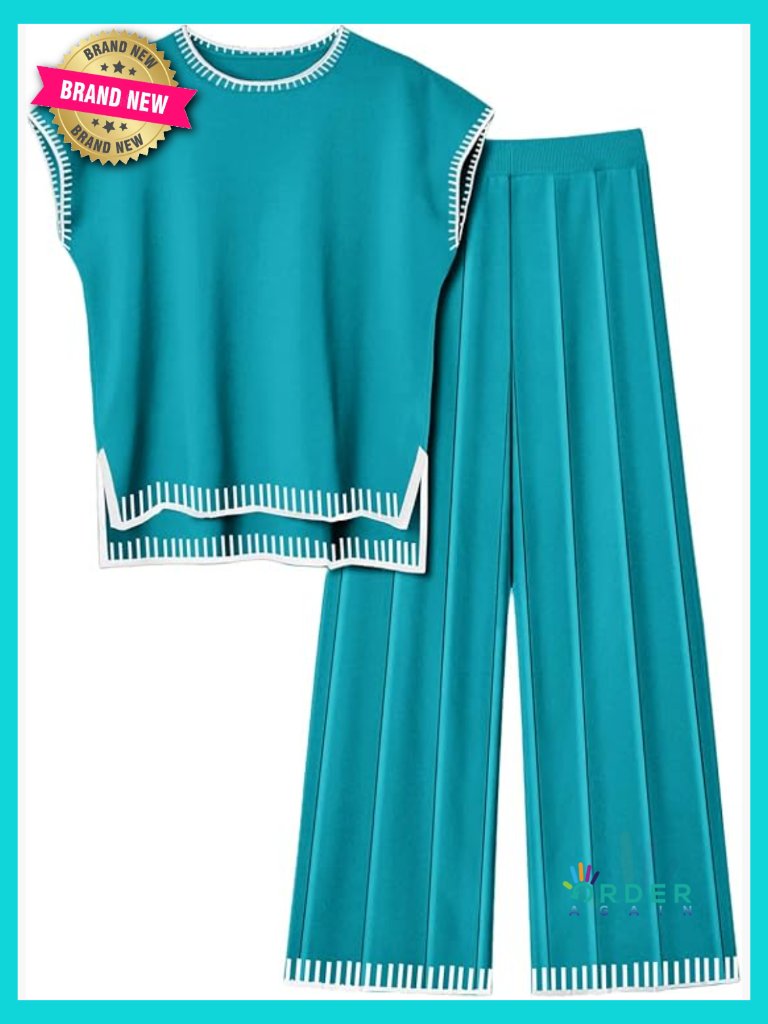 Knit Sweater Set 2 Piece Loungewear Casual Wide Leg Pants Pullover Top Matching
